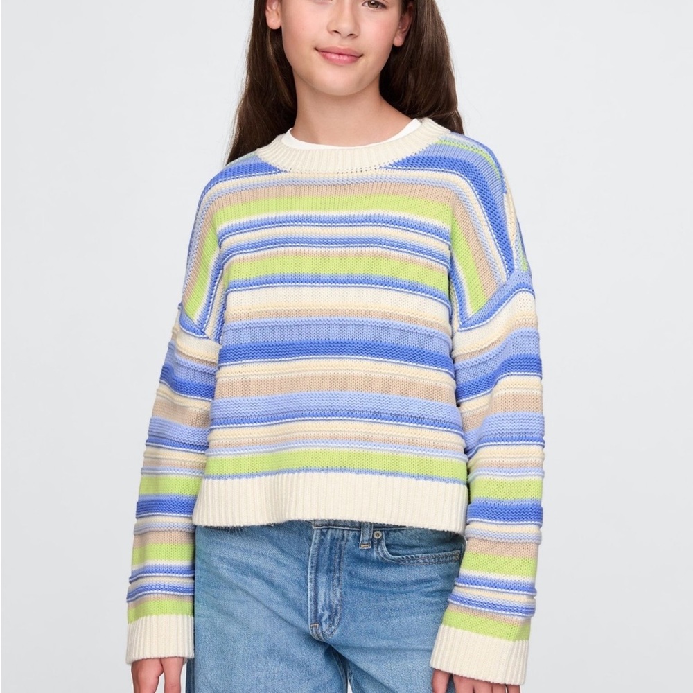 Striped Crewneck Sweater in Blue, Cream & Lime